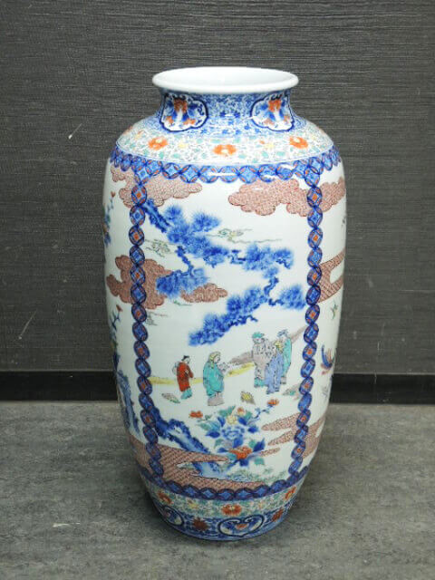 清朝 清時代 某名家買取品柿右衛門式色絵花唐草唐子細密絵付蓋付花瓶壷